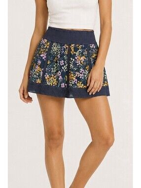 Free People Floral Mini Skirt Smocked Waist Boho Cotton Navy Multicolor Size M